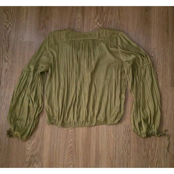 By Anthropologie Lace-Up V-Neck Blouse Size Medium Green Gold Feminine - Picture 5 of 8